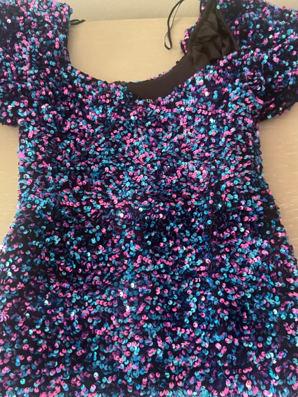 Zara blue and pink Sequin puff shoulder mini dress